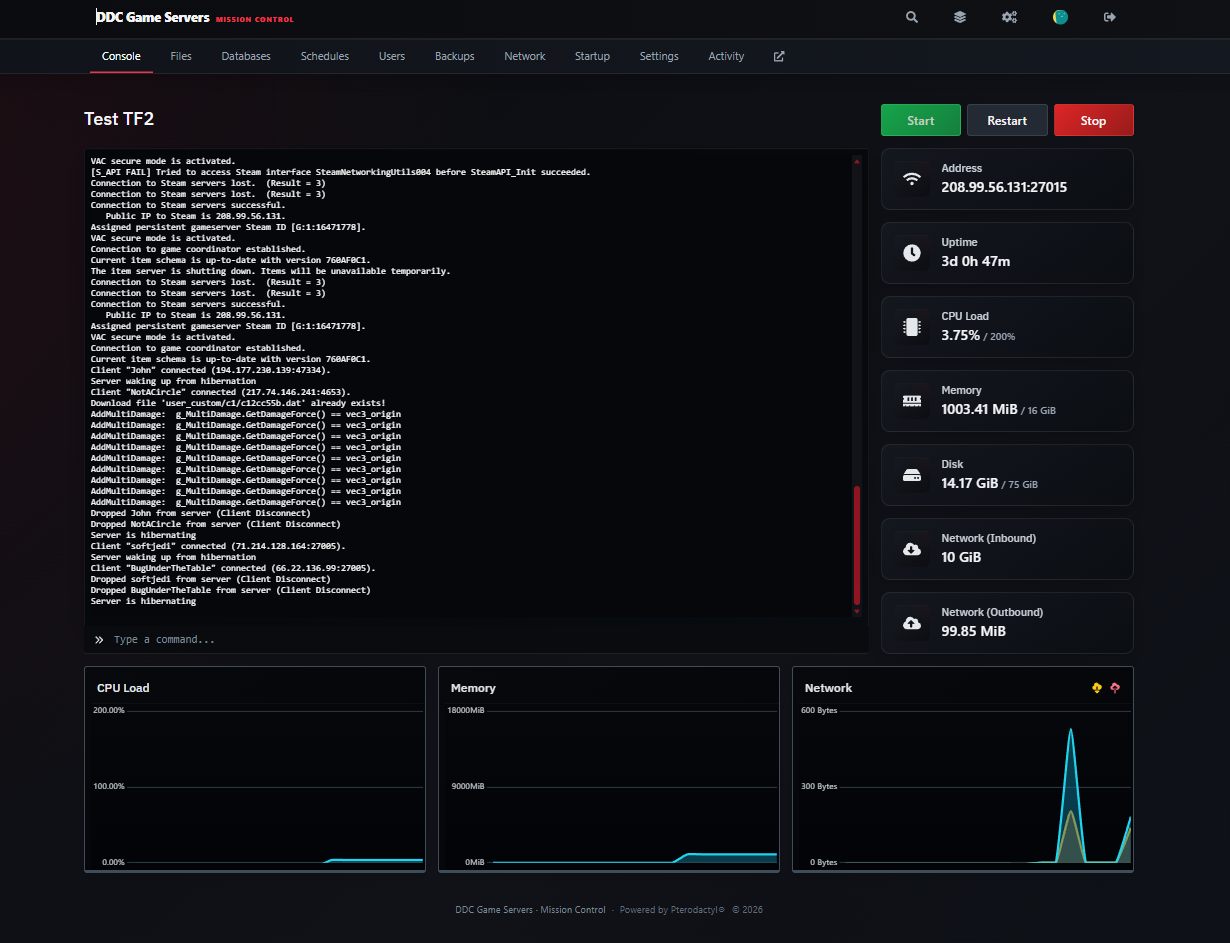 DDC Mission Control live game server console with power controls, performance metrics, and network graphs